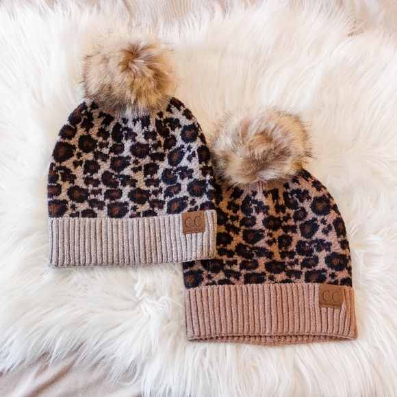 C.C Accessories - CC Beanie Leopard Cheetah Print Fur Pom Beanie